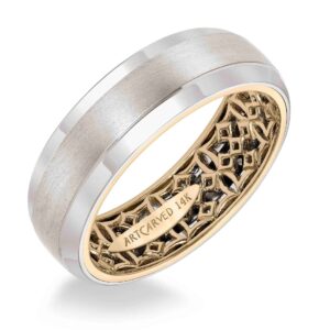 ArtCarved: Men's Wedding Band with Geometric Pattern, Hammer Finish and Dome Profile with Round Edges
