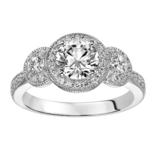 3-Stone Round Halo Diamond Engagement Ring with Milgrain Detail