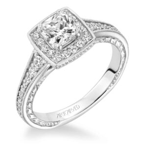 "Millicent" Engraved Square Halo Diamond Engagement Ring