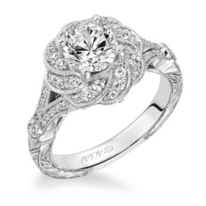 "Matilda" Engraved Diamond Floral Halo Engagement Ring